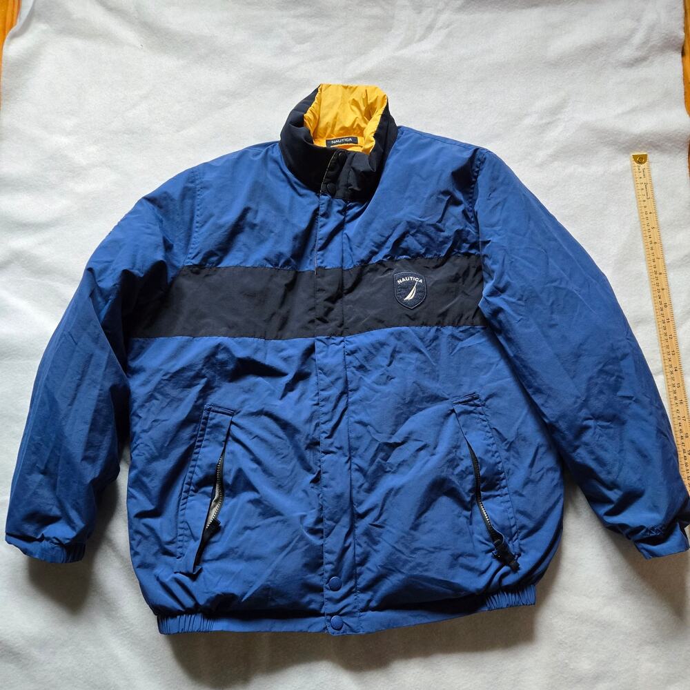 VTG Nautica N83 Men's Down Parka Jacket, L Reversible, Blue Yellow, Quality READ